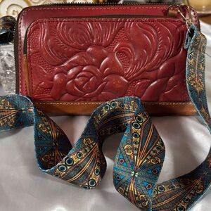 Patricia Nash Red and Brown Embossed Leather Crossbody Bag